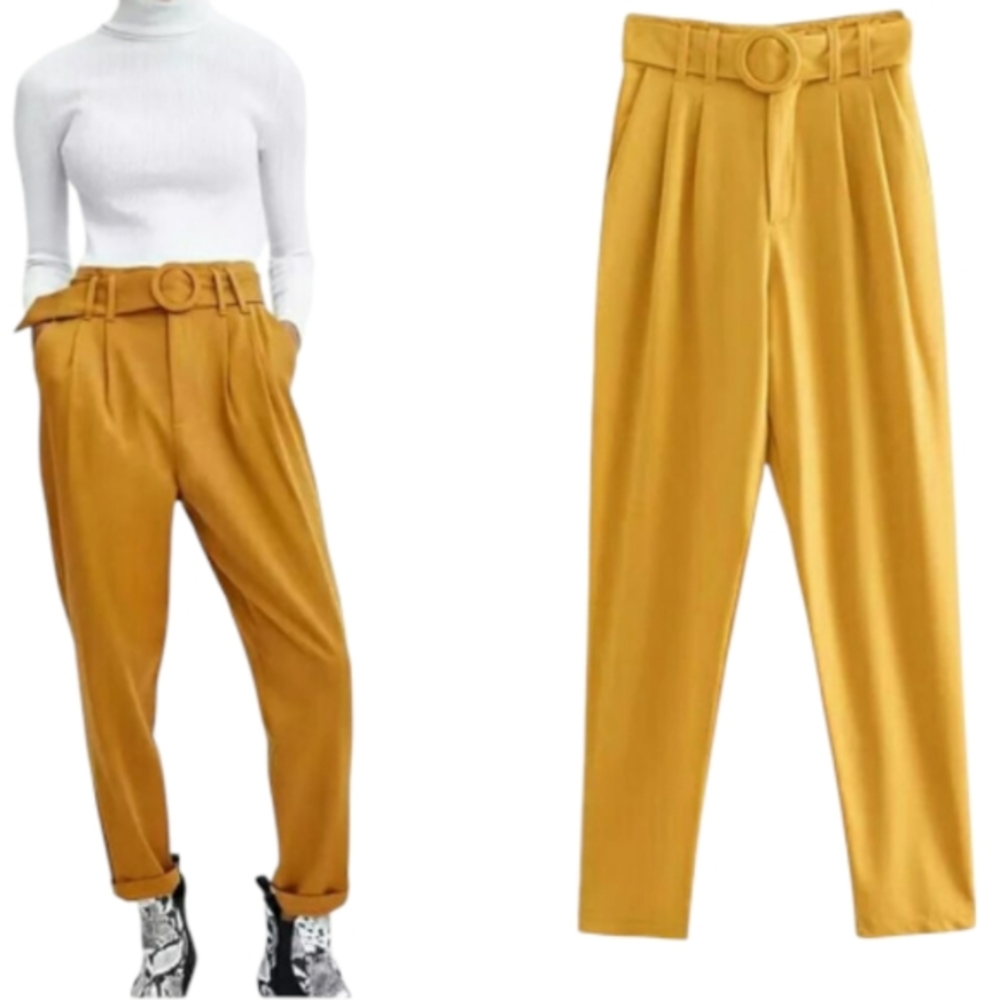 Zara Women's Mustard High-Waisted Tapered‎ Belted Pleated Pants Plus Size XXL